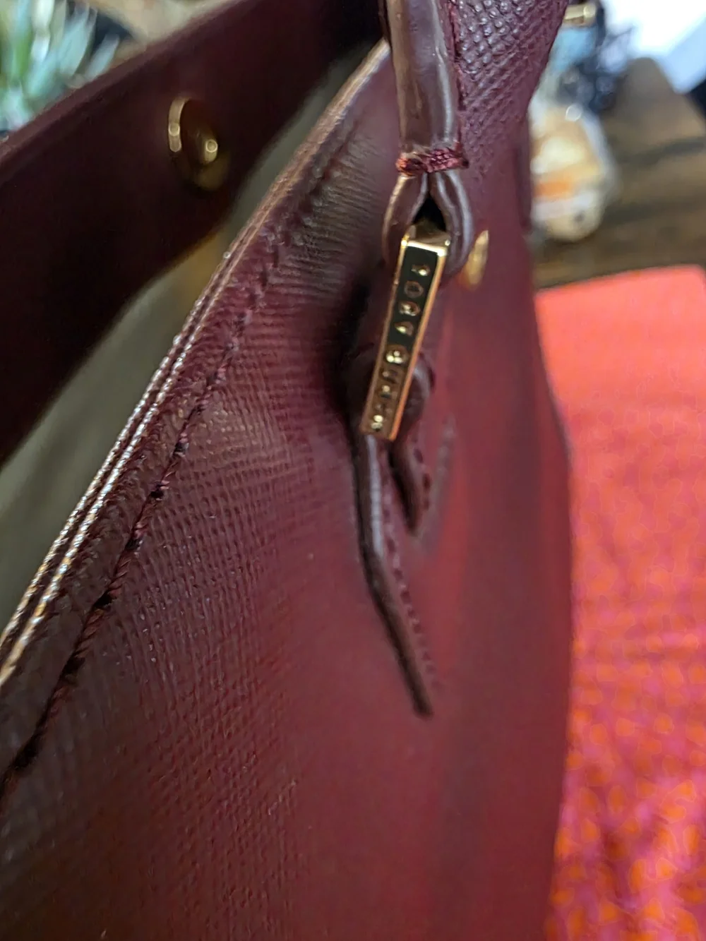 Tory Burch Plum Leather Double-Handle Tote with Gold Logo